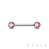 THREADLESS 316L SURGICAL STEEL PUSH IN  NIPPLE BARBELL WITH CZ BEZEL SET FRONT FACING FLAT TOP ENDS